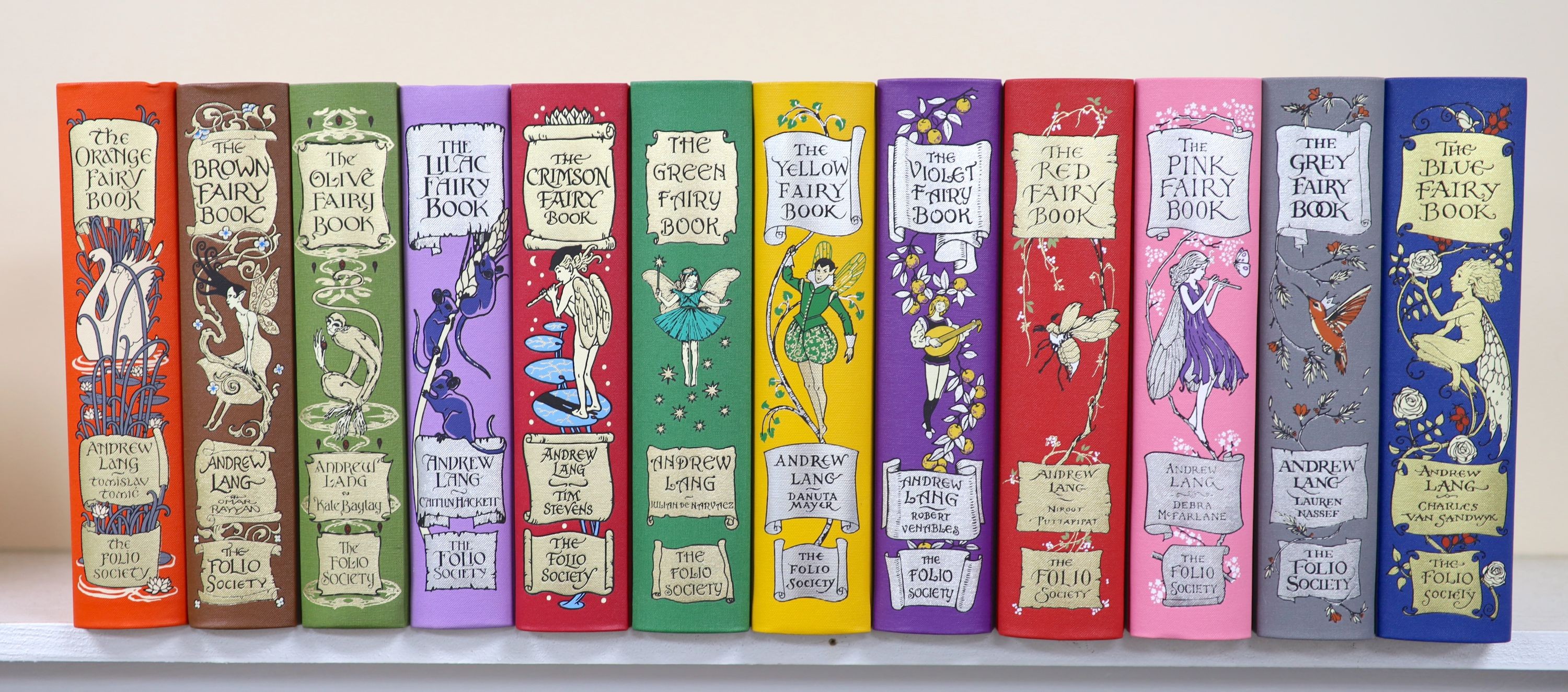 Lang, Andrew (Ed) -The Folio Society Rainbow Fairy Book Collection, Complete set of 12 volumes. (Blue, Red, Green, Yellow, Pink, Grey, Violet, Crimson, Brown, Orange, Olive, Lilac), bound in buckram and blocked in 4 colo
